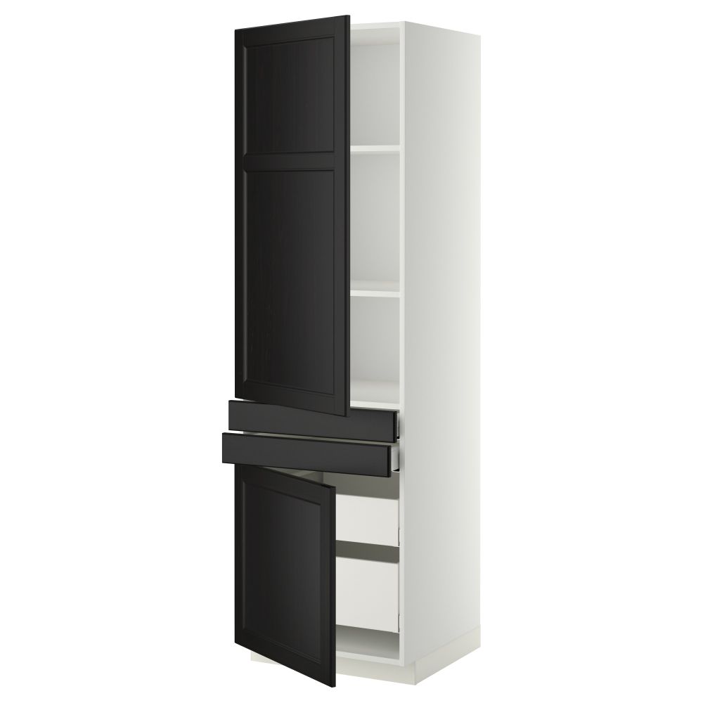 Высокий шкаф + полки, 4 ящик, 2 двери, 2 фронтальные МЕТОД / МАКСИМЕРА, белый, Лаксарби черно-коричневый (60x60x200 см) - фото 1