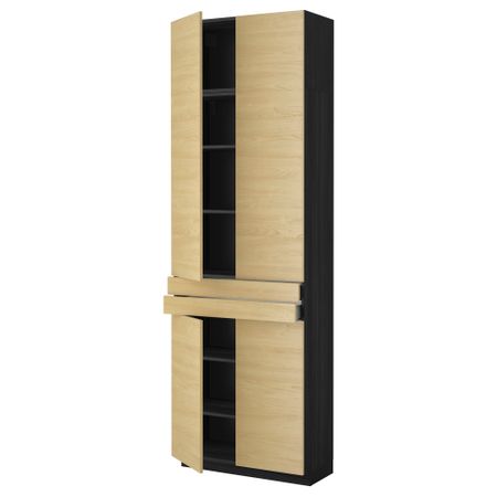 Высокий шкаф + полки, 2 ящика, 4 дверцы МЕТОД / МАКСИМЕРА, черный, Тингсрид береза (80x37x240 см)