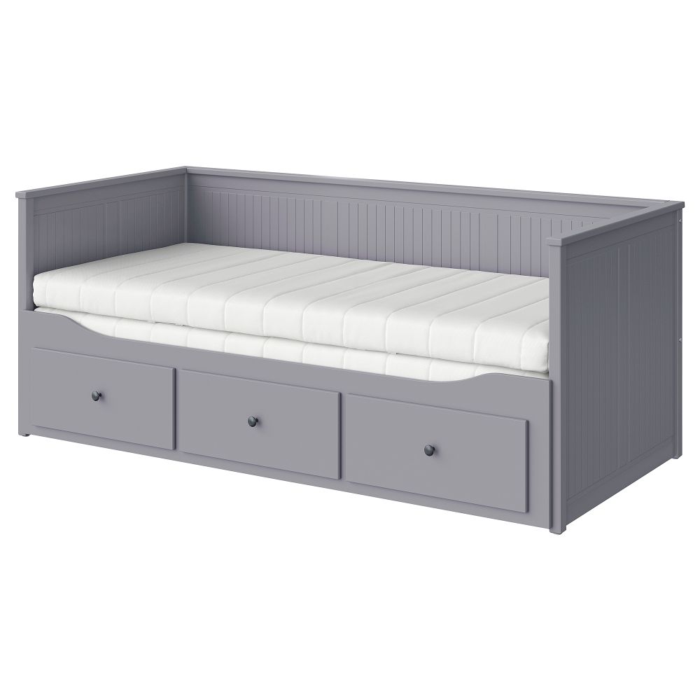 Кушетка с 2 матрасами, 3 ящиками, 80x200 см, серый, Åsvang жесткий IKEA HEMNES ХЕМНЭС 294.281.05 - фото 1