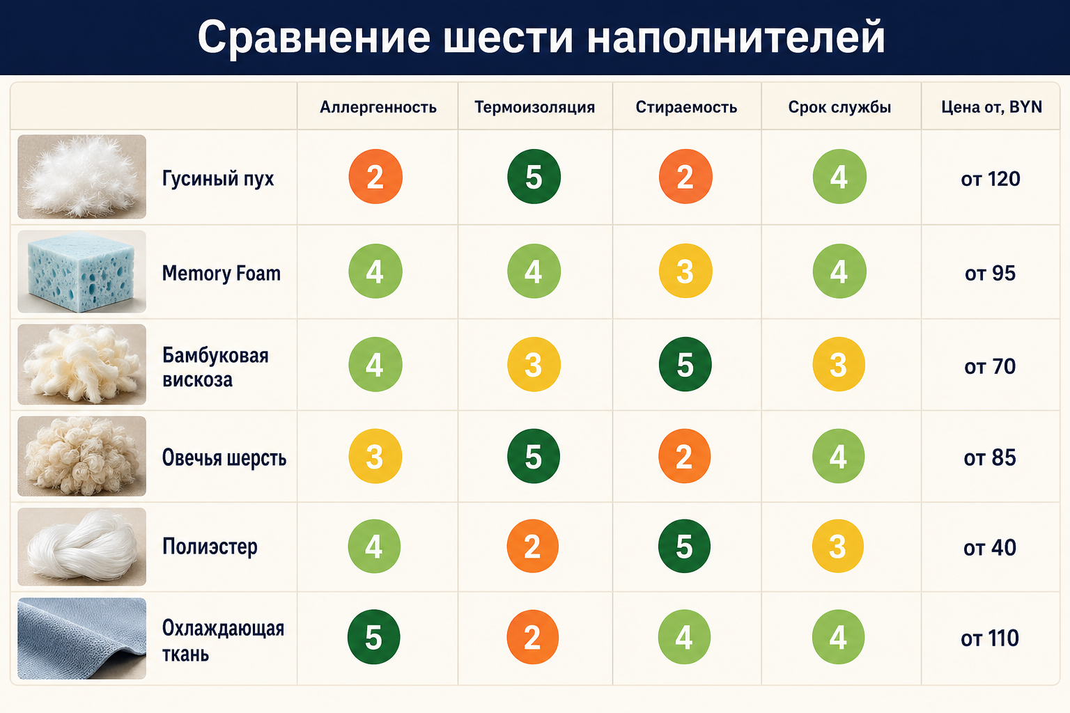 Сравнительная таблица шести наполнителей подушек по аллергенности, теплу и стираемости