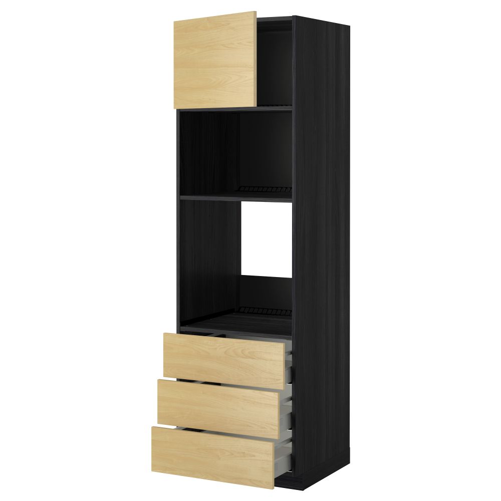 Высокий шкаф для духовки/СВЧ дверца, 3 ящика МЕТОД / МАКСИМЕРА, черный, Тингсрид береза - фото 1