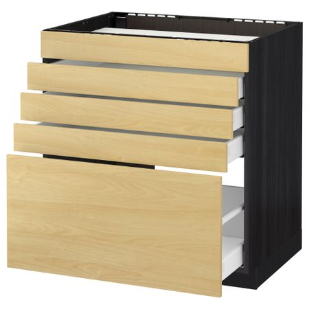 Напольный шкаф для варочной панели, 5 фасадов, 4 ящиков МЕТОД / МАКСИМЕРА, черный, Тингсрид береза