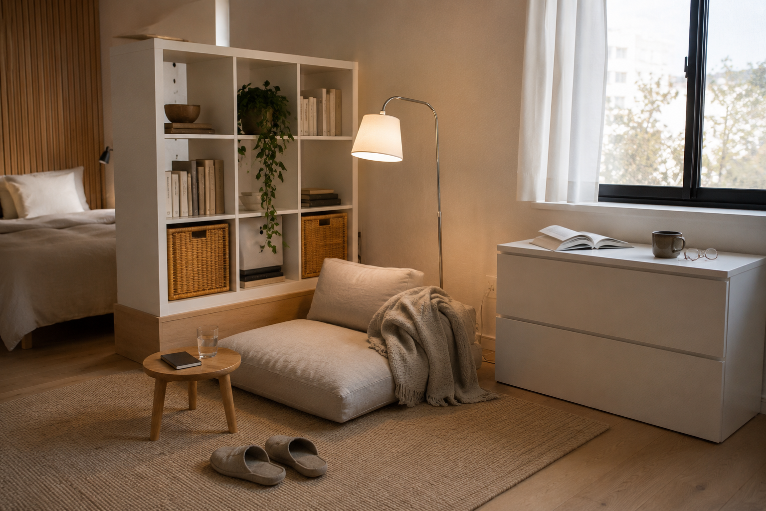 Джапанди стиль в гостиной с мебелью IKEA: стеллаж KALLAX, комод NORDLI, торшер LERSTA
