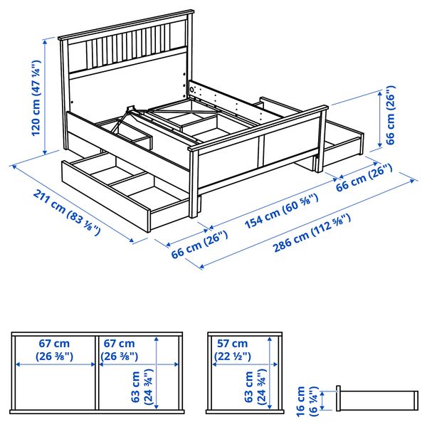 Каркас кровати с 4 ящиками, белая морилка, Lindbåden, 140x200 см IKEA HEMNES ХЕМНЭС 994.949.22 - схема-чертеж с размерами