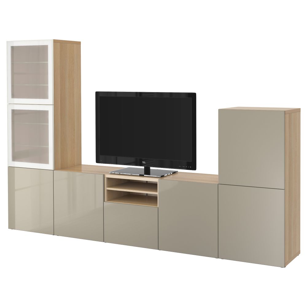 Шкаф для ТВ, комбинированный, стекляные дверцы БЕСТО, под беленый дуб, Сельсвикен глянцевый/бежевый матовое стекло (300x40x192 - фото 1