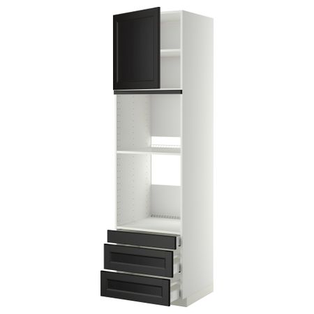Высокий шкаф для духовки комбинированный, духовка + дверца, 3 ящика МЕТОД / МАКСИМЕРА, белый, Лаксарби черно-коричневый