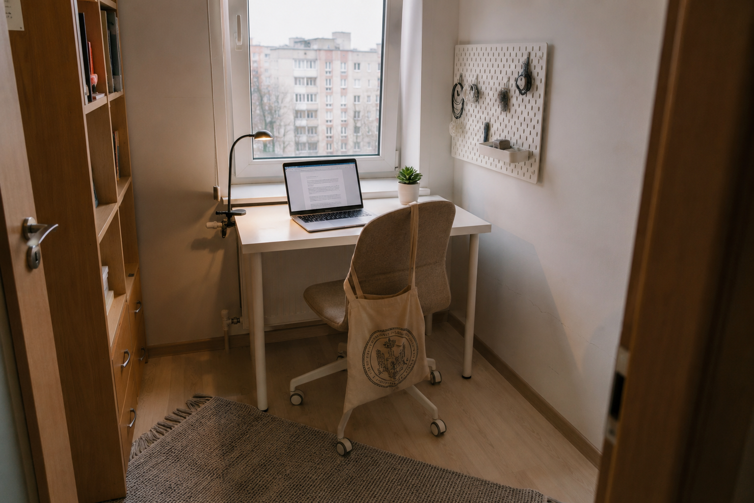 Компактное рабочее место в комнате 10 м²: стол LINNMON, кресло MILLBERGET и настенная панель SKÅDIS