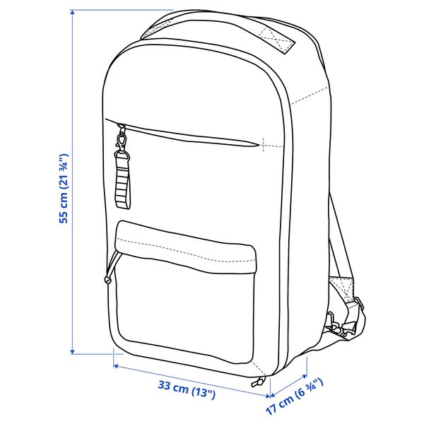 Дорожный рюкзак, черный, 33x17x55 см, 36 л IKEA VÄRLDENS ВЭРЛДЕНС 304.879.19 - схема-чертеж с размерами
