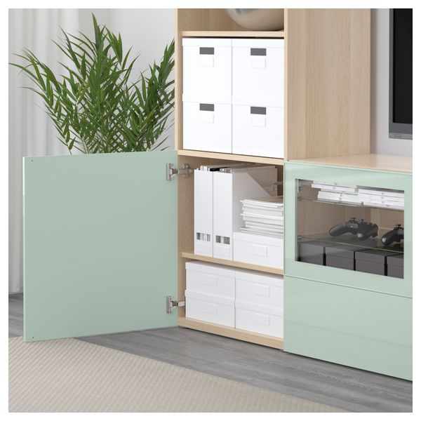 Шкаф для ТВ, комбинированный, стекляные дверцы БЕСТО, под беленый дуб Сельсвикен, глянцевый/серо-зеленый светлый прозрачное - фото 3