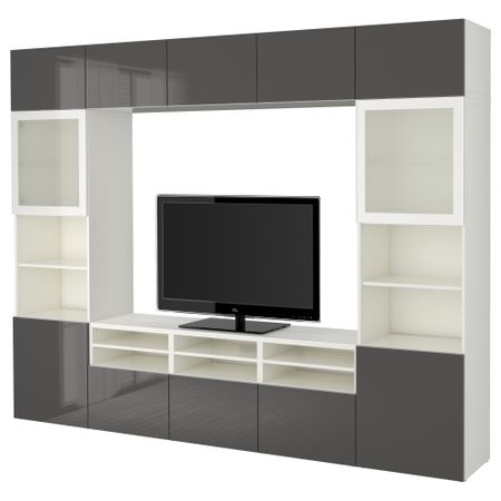 Шкаф для ТВ, комбинированный, стекляные дверцы БЕСТО, белый, Сельсвикен глянцевый/серый матовое стекло (300x40x230 см)