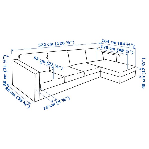 4-местный диван, с козеткой, Гуннаред классический серый IKEA ВИМЛЕ 592.070.70 - схема-чертеж с размерами