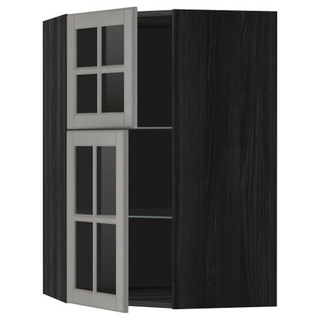 Угловой навесной шкаф + полки, 2 стеклянные дверцы МЕТОД, черный, Будбин серый (68x100 см)