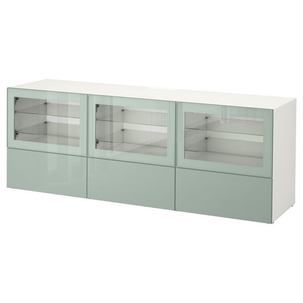 Тумба под ТВ, с дверцами и ящиками БЕСТО, белый Сельсвикен, глянцевый/серо-зеленый светлый прозрачное стекло (180x40x64 см) - фото 1