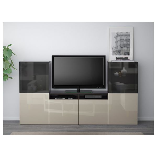 Шкаф для ТВ, комбинированный, стекляные дверцы БЕСТО, черно-коричневый, Сельсвикен глянцевый/бежевый/дымчатое стекло (240x40x128 - фото 2