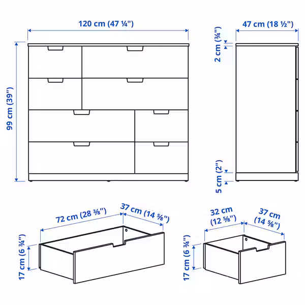 NORDLI Комод с 8 ящиками - антрацит 120x99 см - схема-чертеж с размерами