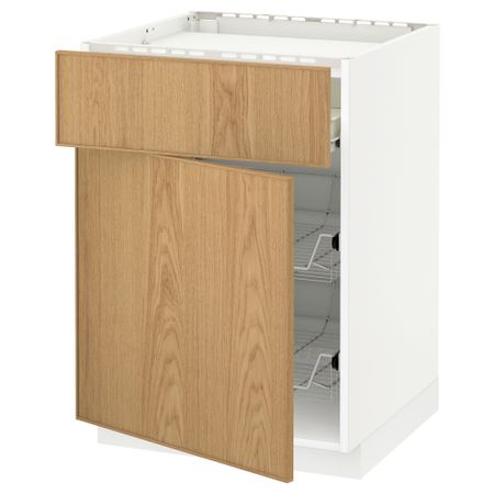 Напольный шкаф для варочной панели, ящик, 2 проволочных корзины МЕТОД / ФОРВАРА, белый, Экестад дуб (60x60 см)