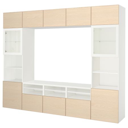 Шкаф для ТВ, комбинированный, стекляные дверцы БЕСТО, белый Инвикен, ясеневый шпон прозрачное стекло (300x40x230 см)