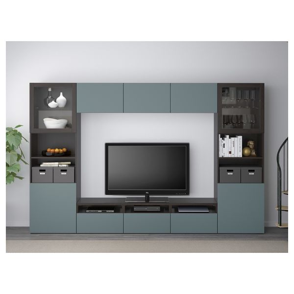 Шкаф для ТВ, комбинированный, стекляные дверцы БЕСТО, черно-коричневый, Вальвикен серо-бирюзовый, прозрачное стекло (300x40x192 - схема-чертеж с размерами