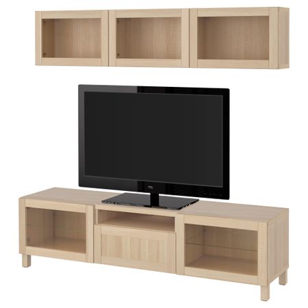 Шкаф для ТВ, комбинированный, стекляные дверцы БЕСТО, Ханвикен, Синдвик под беленый дуб, прозрачное стелко (180x20/40x166 см)