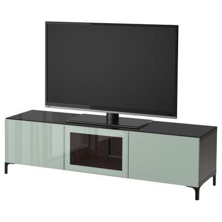 Тумба под ТВ, с дверцами БЕСТО, черно-коричневый Сельсвикен, глянцевый/серо-зеленый светлый прозрачное стекло