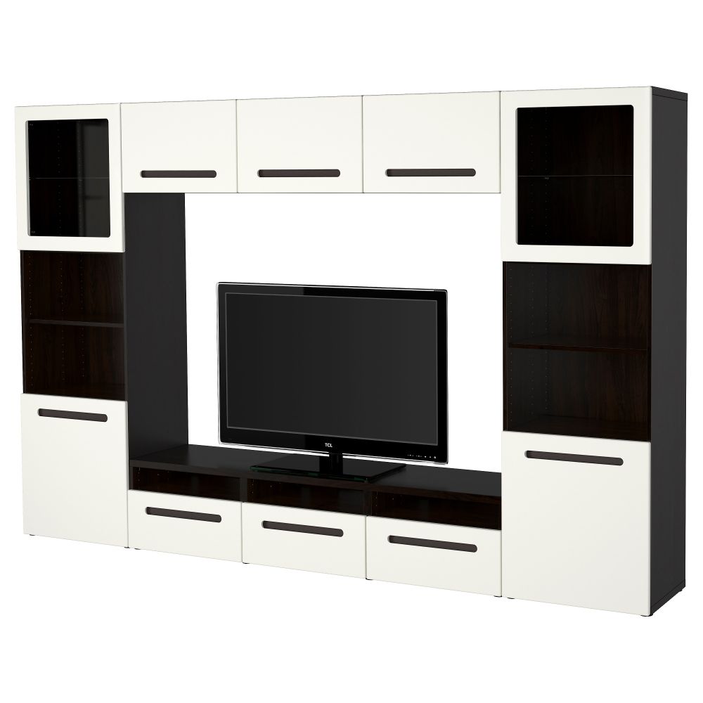 Шкаф для ТВ, комбинированный, стекляные дверцы БЕСТО, черно-коричневый, Марвикен белый прозрачное стекло (300x40x192 см) - фото 1