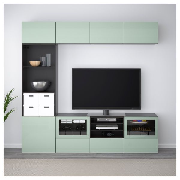 Шкаф для ТВ, комбинированный, стекляные дверцы БЕСТО, черно-коричневый Сельсвикен, глянцевый/серо-зеленый светлый прозрачное - фото 2