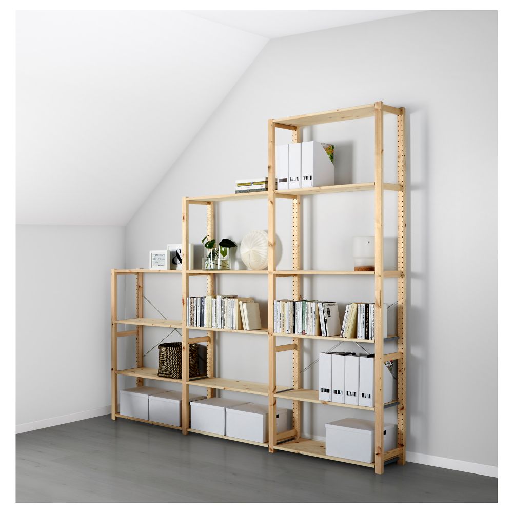 3 секции, полки ИВАР, сосна (259x30x226 см) - фото 1