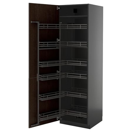 METOD Высокий шкаф с выдвижным модулем - черно-серый/Sinarp коричневый 60x60x200 см