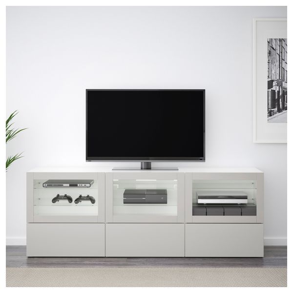 Тумба под ТВ, с дверцами и ящиками БЕСТО, белый Синдвик, Лаппвикен светло-серый прозрачное стекло (180x40x64 см) - фото 2