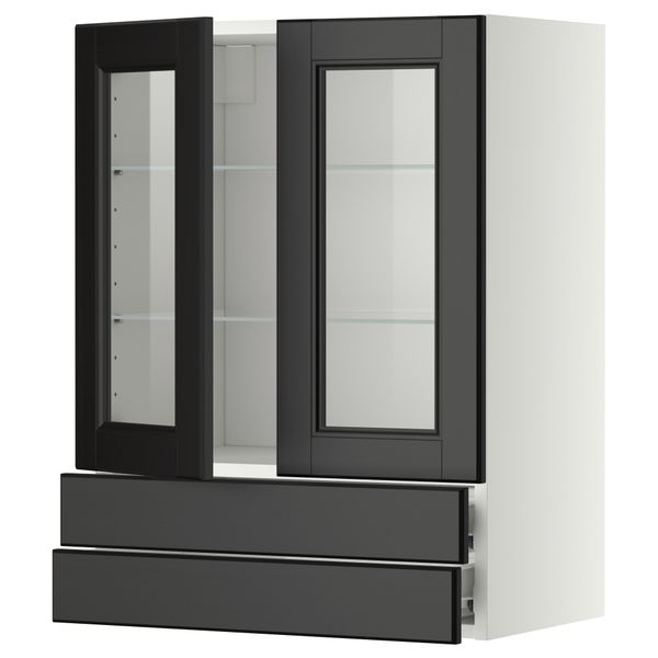 Навесной шкаф, 2 стеклянные дверцы, 2 ящика МЕТОД / ФОРВАРА, белый, Лаксарби черно-коричневый - фото 1