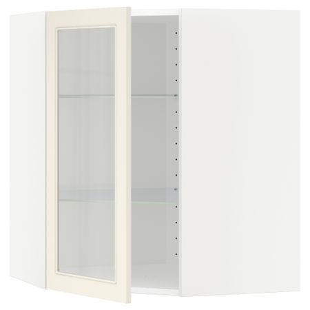 Угловой навесной шкаф с полками, стекляными дверцами МЕТОД, белый, Хитарп белый с оттенком