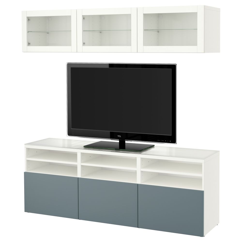 Шкаф для ТВ, комбинированный, стекляные дверцы БЕСТО, белый, Вальвикен серо-бирюзовый, прозрачное стекло (180x40x192 см) - фото 1