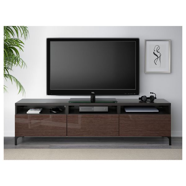 Тумба для ТВ с ящиками БЕСТО, черно-коричневый, Сельсвикен глянцевый/коричневый (180x40x48 см) - фото 2