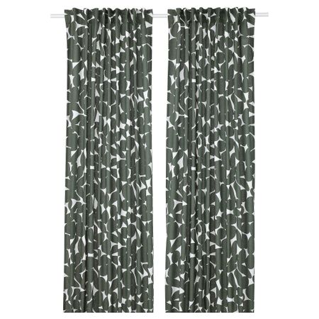 Гардины, 2 шт., 145x300 см, белый, темно-зеленый IKEA ROSENANEMON 905.401.55
