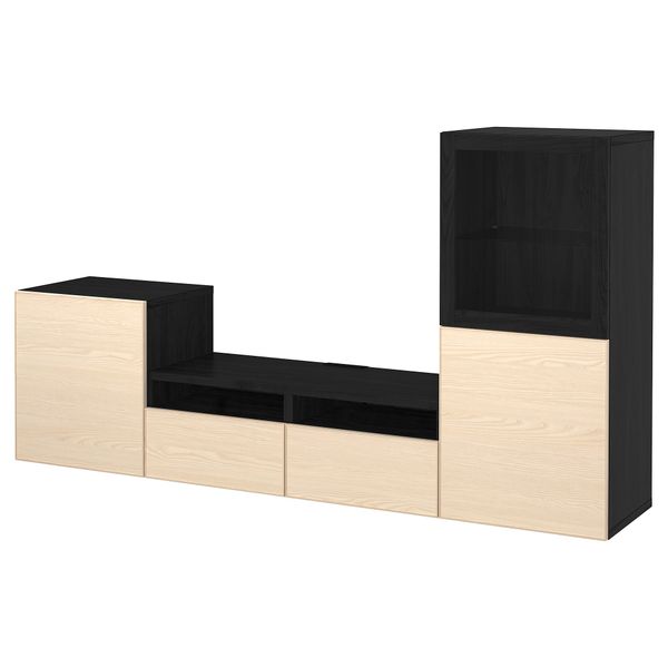 Шкаф для ТВ, комбинированный, стекляные дверцы БЕСТО, черно-коричневый Инвикен, ясеневый шпон прозрачное стекло (240x40x128 см) - фото 1