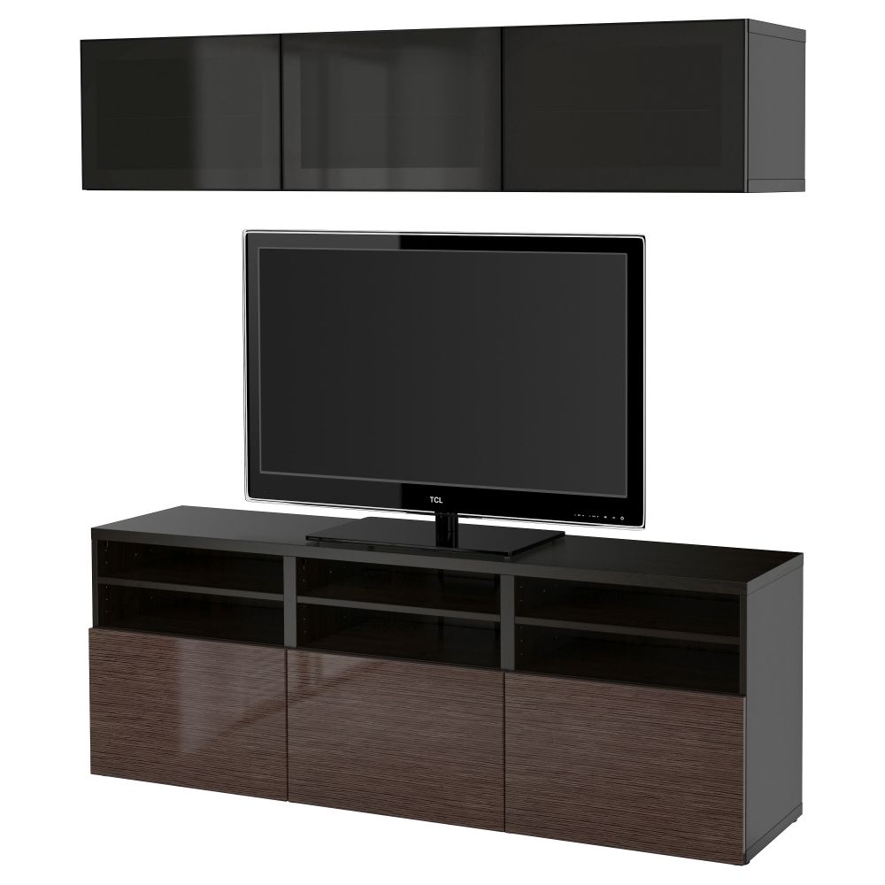 Шкаф для ТВ, комбинированный, стекляные дверцы БЕСТО, черно-коричневый, Сельсвикен глянцевый/коричневый дымчат стекло - фото 1