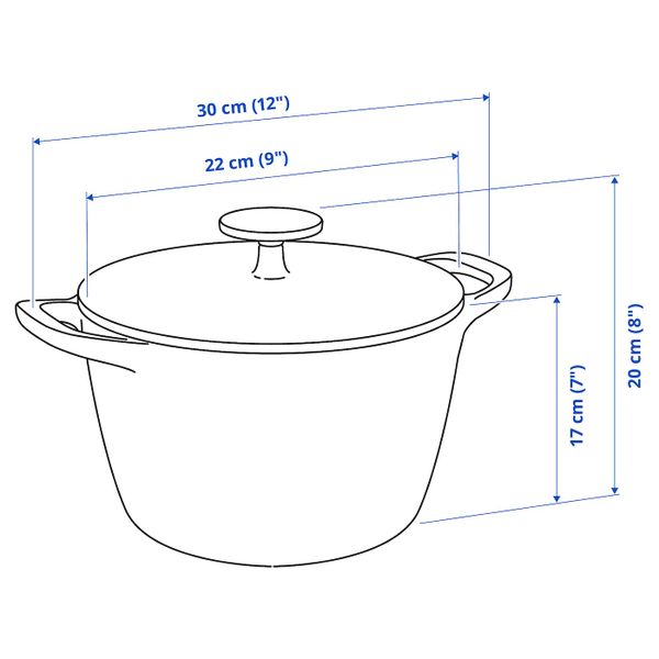 Кастрюля с крышкой, чугун 5 л IKEA VARDAGEN ВАРДАГЕН 204.370.53 - схема-чертеж с размерами