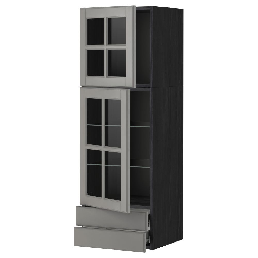 Навесной шкаф, 2 стеклянные дверцы, 2 ящика МЕТОД / ФОРВАРА, черный, Будбин серый - фото 1