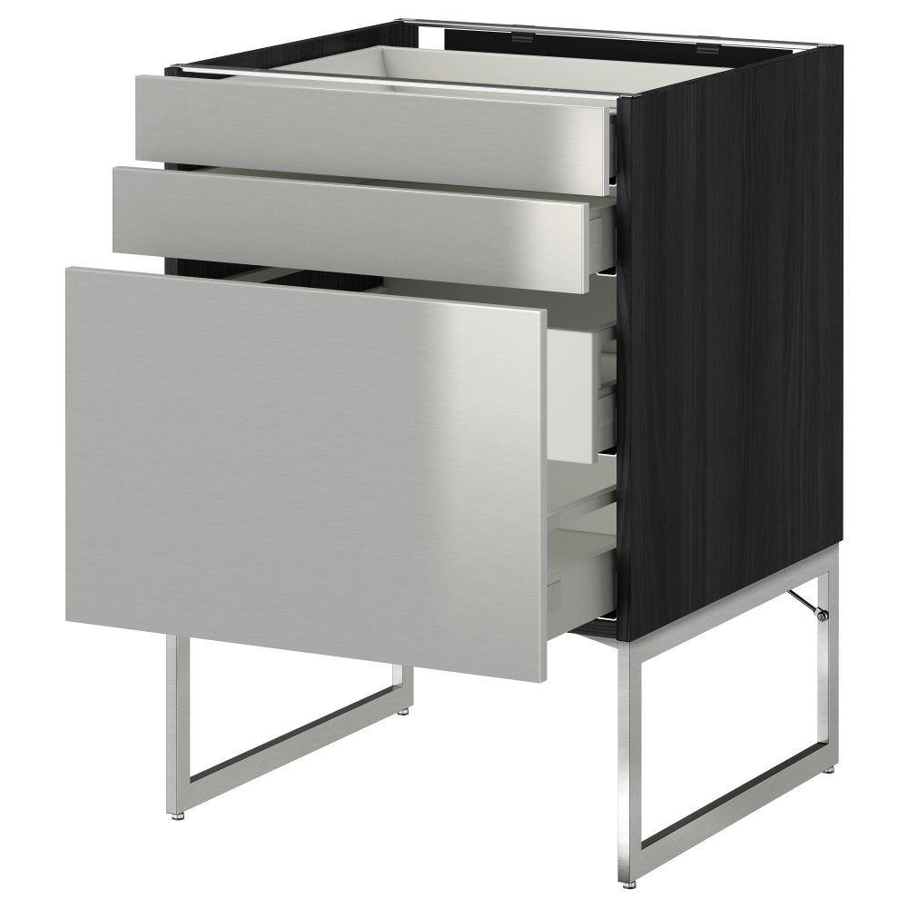 Напольный шкаф 3 фронтальных панели, 2 нижних, 2 средних ящика МЕТОД / МАКСИМЕРА, черный, Гревста нержавеющ сталь - схема-чертеж с размерами