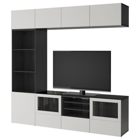 Шкаф для ТВ, комбинированный, стекляные дверцы БЕСТО, черно-коричневый Лаппвикен, Синдвик светло-серый прозрачное стекло