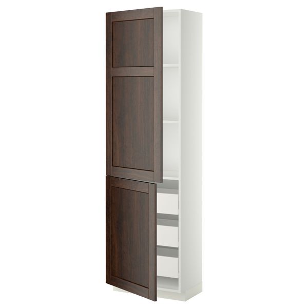 Высокий шкаф + полки, 3 ящика, 2 дверцы МЕТОД / ФОРВАРА, белый, Эдсерум коричневый - фото 1