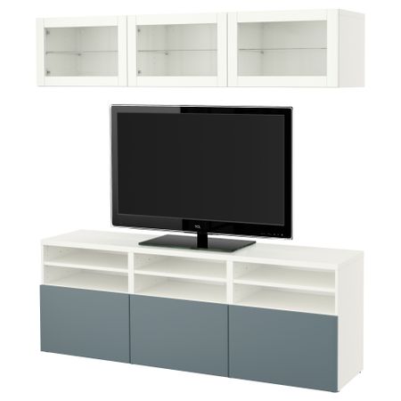Шкаф для ТВ, комбинированный, стекляные дверцы БЕСТО, белый, Вальвикен серо-бирюзовый, прозрачное стекло (180x40x192 см)