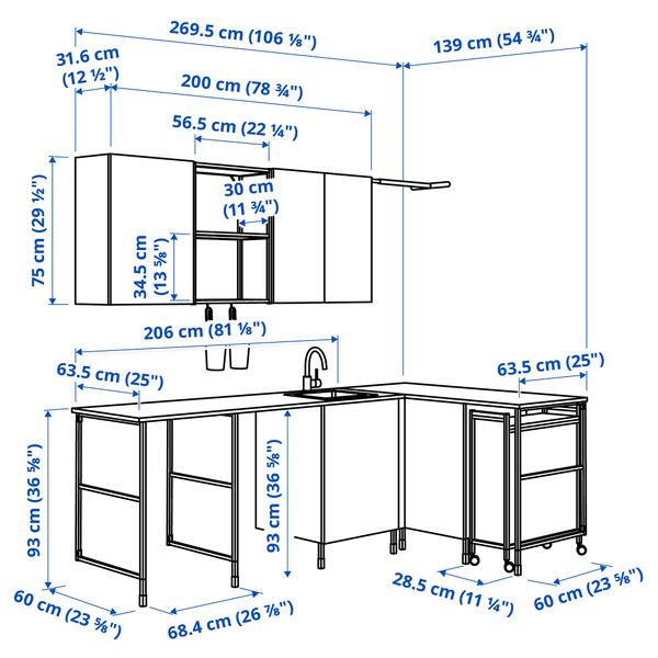Комбинация для домашней прачечной, белый, 269.5x139x63.5 см IKEA BEGIVENHET БЕГИВЕНХЕТ 394.779.30 - схема-чертеж с размерами