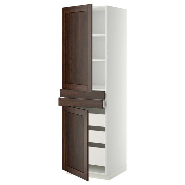 Высокий шкаф + полки, 5 ящиков, 2 дверцы, 2 фронтальных МЕТОД / МАКСИМЕРА, белый, Эдсерум коричневый - фото 1