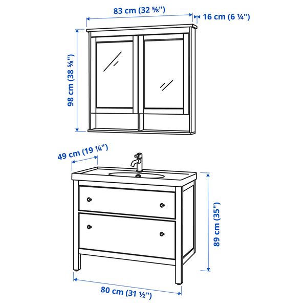 Комплект мебели для ванной, 4 предмета, 83 cm IKEA ODENSVIK ОДЕНСВИК, HEMNES ХЕМНЭС 593.044.67 - схема-чертеж с размерами