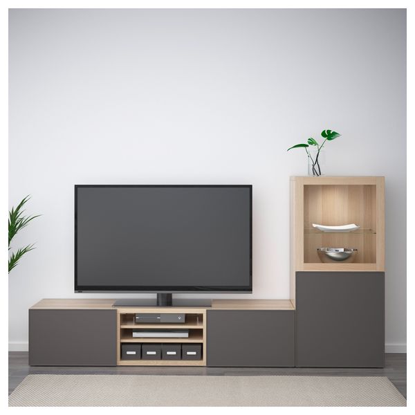 Шкаф для ТВ, комбинированный, стекляные дверцы БЕСТО, под беленый дуб Грундсвикен, темно-серый прозрачное стекло (240x40x128 см) - фото 2