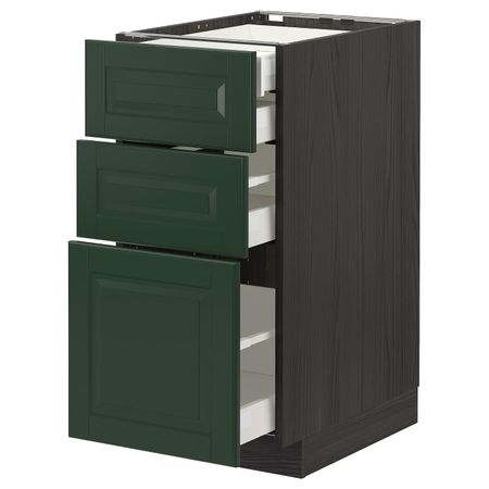 Напольный шкаф 3 фронтальные панели, 2 низких, 1 средний, 1 встроенный ящ, черный/Будбин темно-зеленый 40x60 см IKEA МЕТОД /