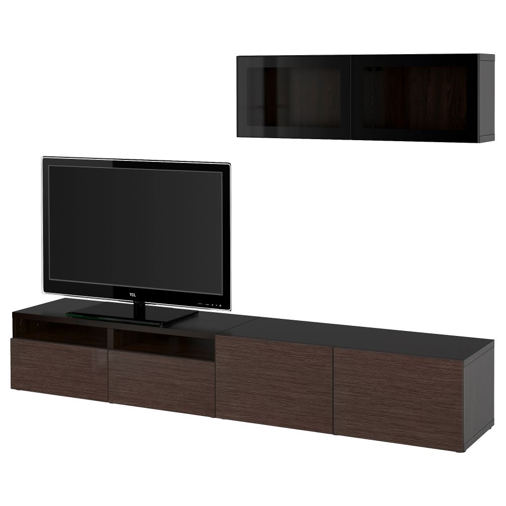 Шкаф для ТВ, комбинированный, стекляные дверцы БЕСТО, черно-коричневый, Сельсвикен глянцевый/коричневый прозрач стекло - фото 1