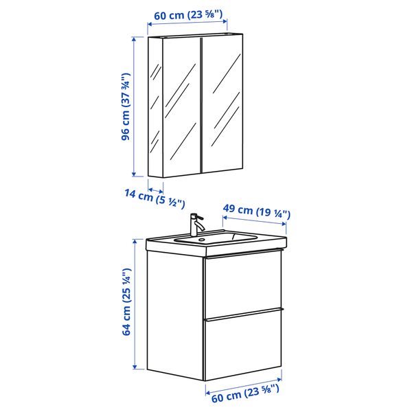 Комплект мебели для ванной, 4 предмета, 63 см, глянцевый белый, ДАЛЬШЕР смеситель IKEA ODENSVIK ОДЕНСВИК, GODMORGON ГОДМОРГОН - схема-чертеж с размерами