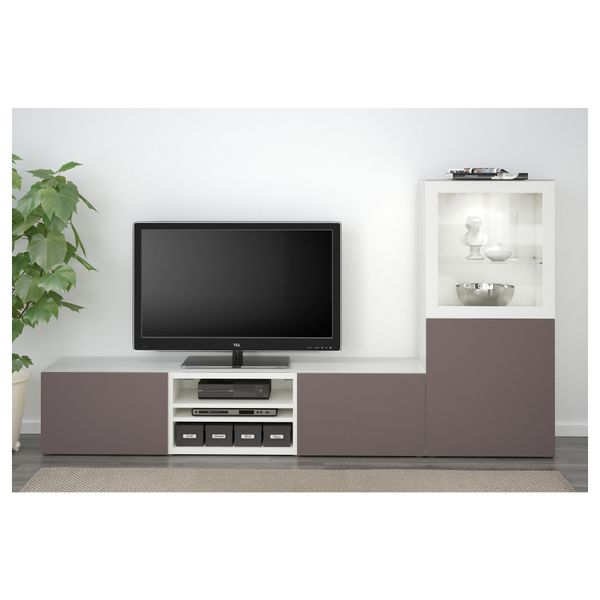 Шкаф для ТВ, комбинированный, стекляные дверцы БЕСТО, белый, Вальвикен темно-коричневый, прозрачное стекло (240x40x128 см) - фото 2